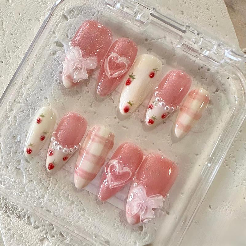 Nailphoria STRAWBERRY FIELDS 10PCS Handmade Press on Nails REUSABLE 3D Gel Spring 2025 / Prom