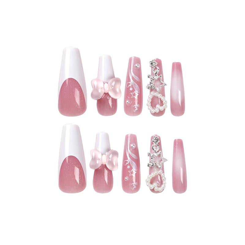 24Pcs Y2K 3D Long Coffin Clear Bownot and Bear Press-On Nails with Rhinestone Embellishments,For a Sweet Look. Delightful Nail Art Kit for a Playful yet Sophisticated Manicure. Nail Care Nail Polish