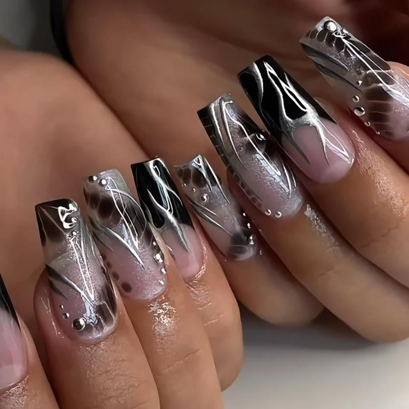 Y2K Black and White Marble Press-On Nails