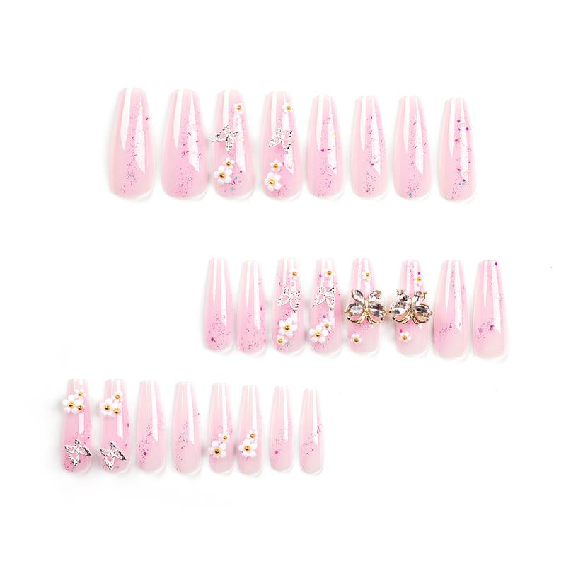 24Pcs Y2K 3D Long Coffin Clear Bownot and Bear Press-On Nails with Rhinestone Embellishments,For a Sweet Look. Delightful Nail Art Kit for a Playful yet Sophisticated Manicure. Nail Care Nail Polish