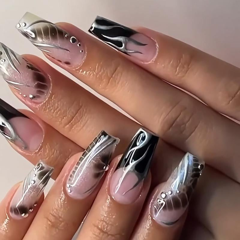 Y2K Black and White Marble Press-On Nails