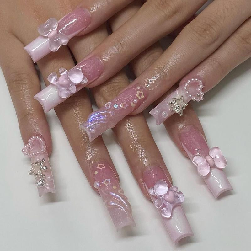 24Pcs Y2K 3D Long Coffin Clear Bownot and Bear Press-On Nails with Rhinestone Embellishments,For a Sweet Look. Delightful Nail Art Kit for a Playful yet Sophisticated Manicure. Nail Care Nail Polish